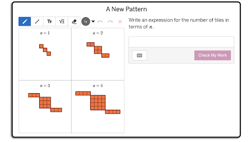 A screen from the lesson titled "A New Pattern" with a text prompt saying, "Write an expression for the number of tiles in terms of `n`."     There is a sketch component showing the first four figures of a new visual pattern. Each figure is made of `1` by `1` tiles. Each figure has two `n` by `1` rectangles arranged in a diagonal on either side of a `n` by `n` square so only their corners touch. The `n` in each figure corresponds to the figure number.