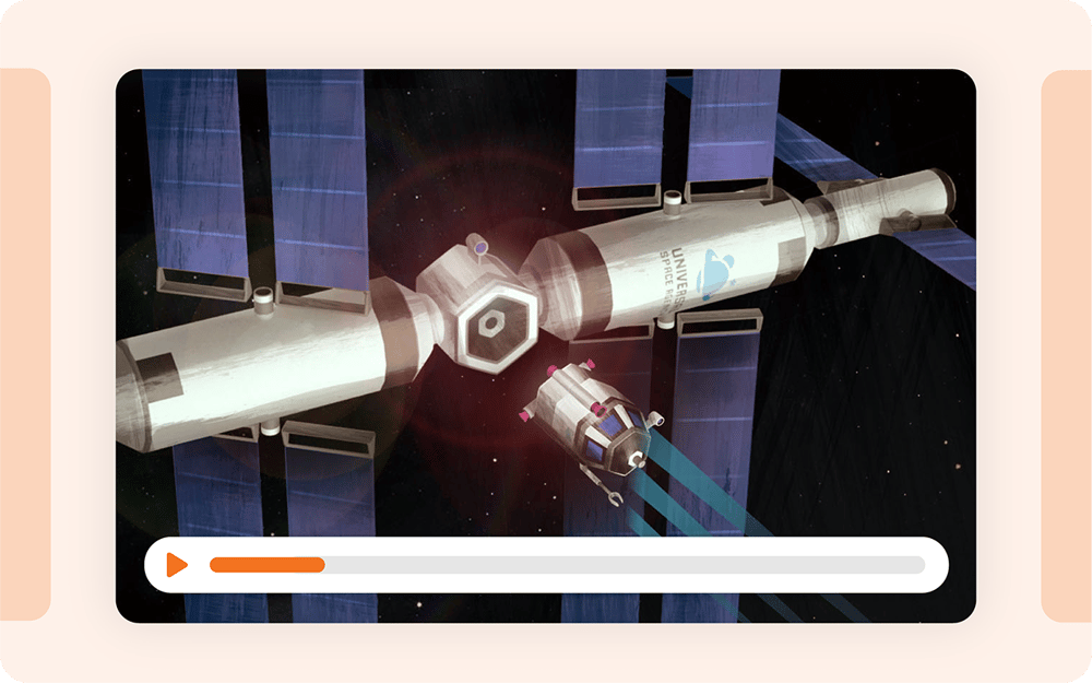 A space station featuring solar panels and docking port with smaller craft, viewed through video player interface.