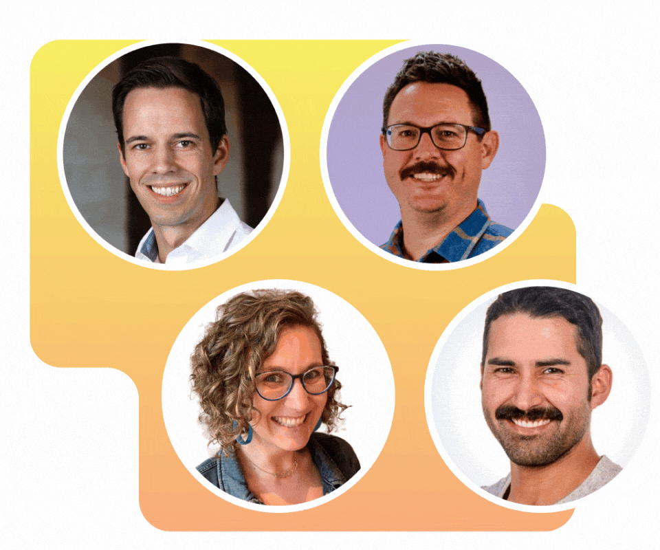 Headshots of speakers Dan Meyer, Oscar Perales, James Oliver, and Shira Helft