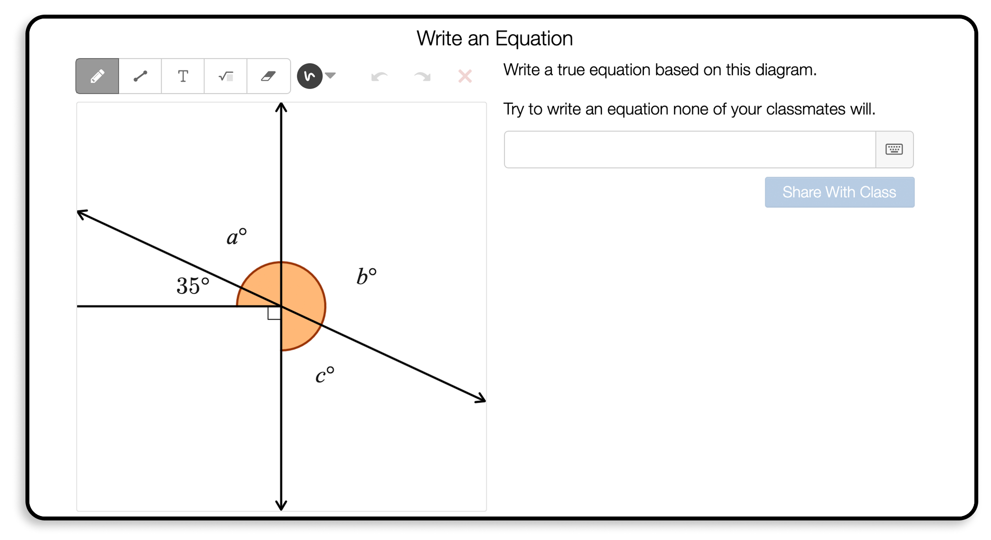 Image of a angles and the prompt to write an equation relating them.