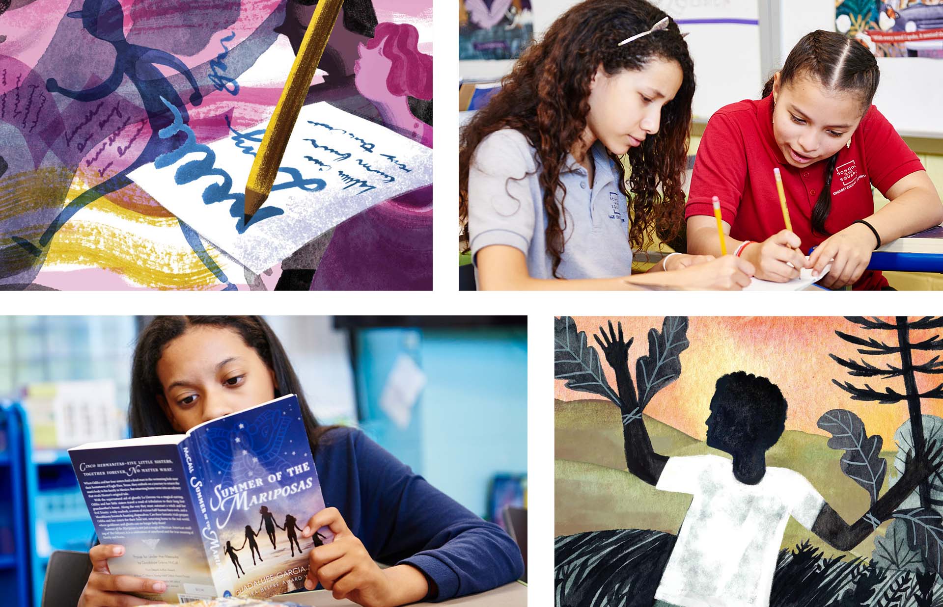 Collage of ELA illustrations and students reading and writing