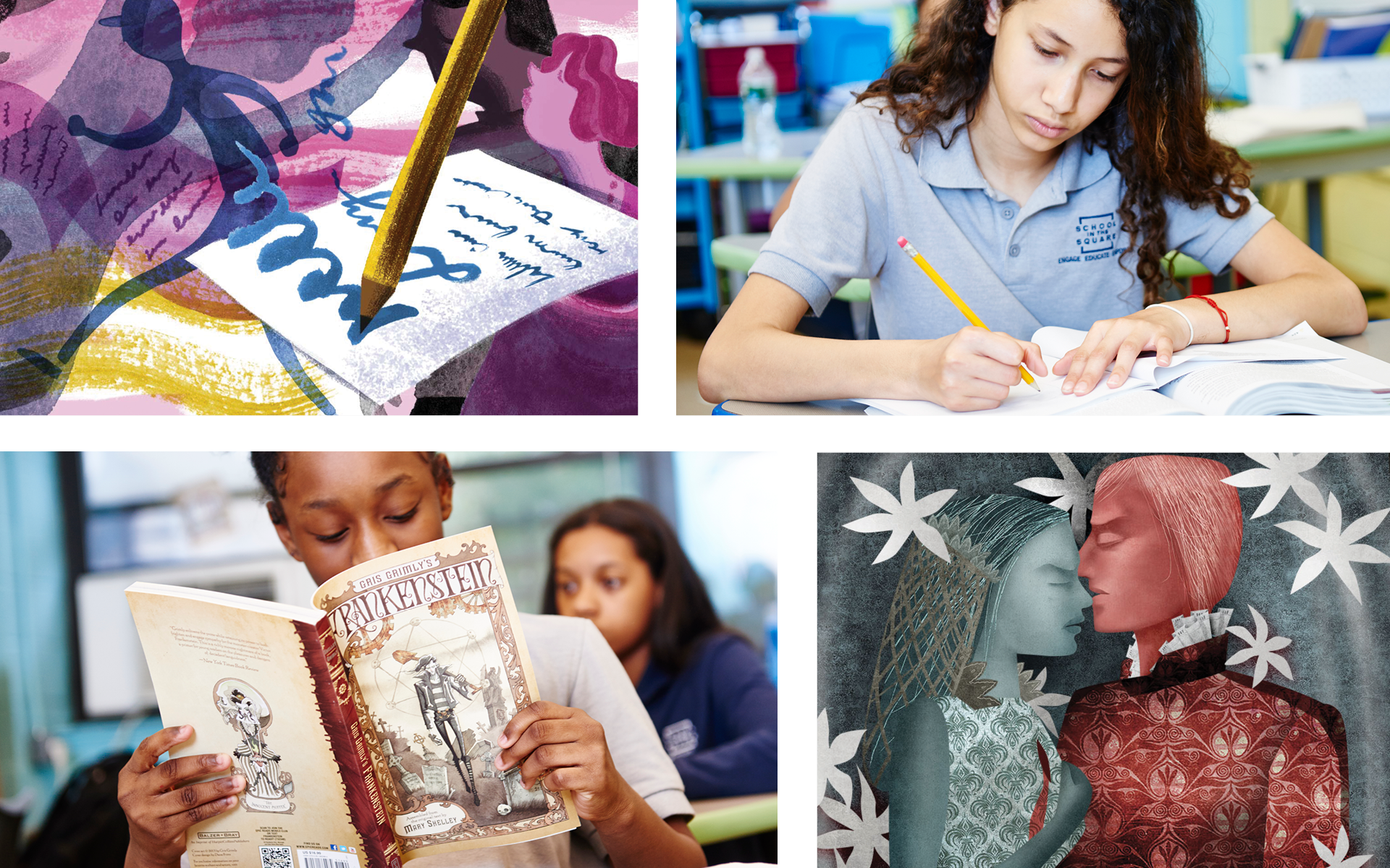 Collage of middle school students reading Amplify ELA materials