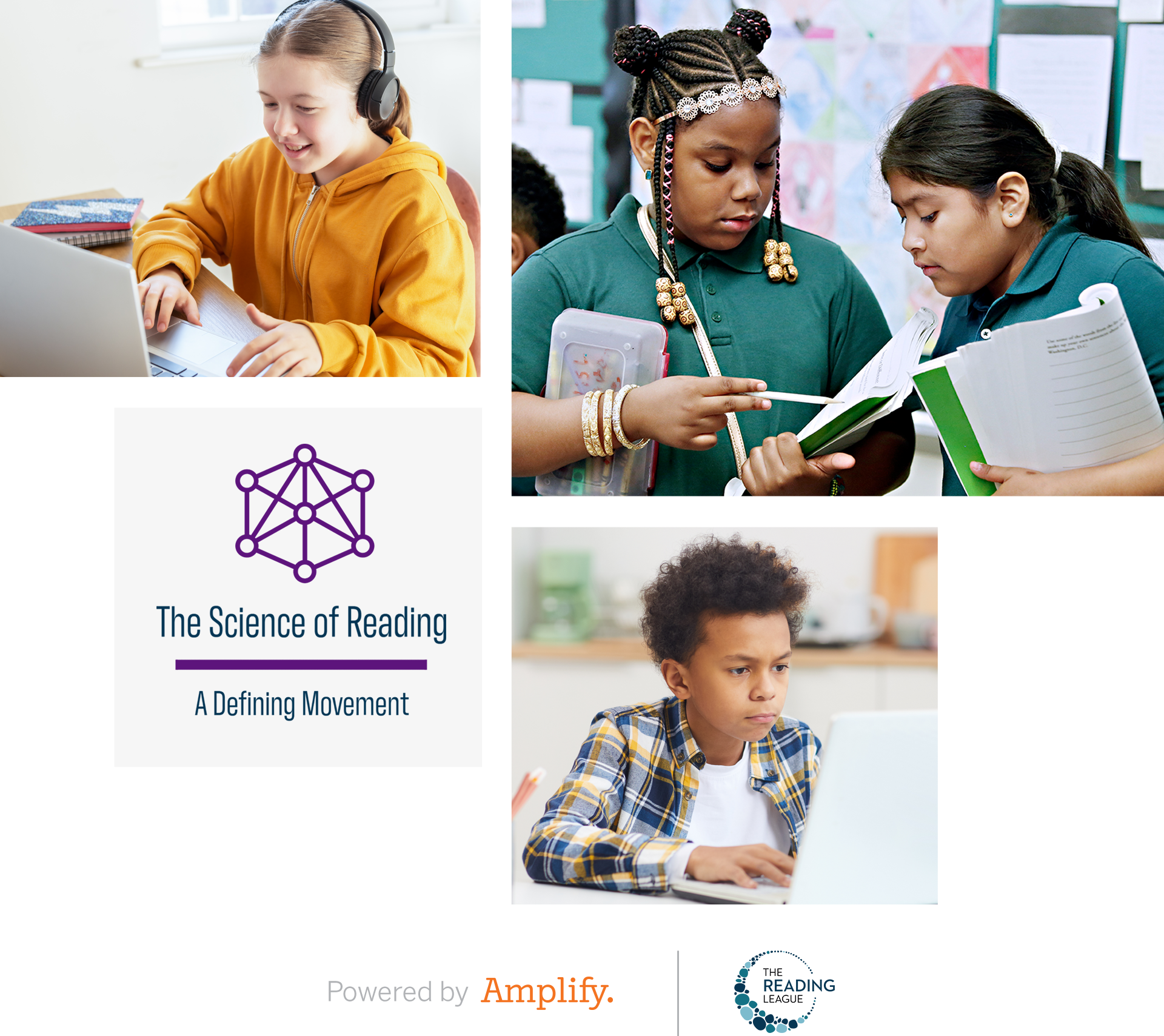 The Reading League and Amplify collage with students reading
